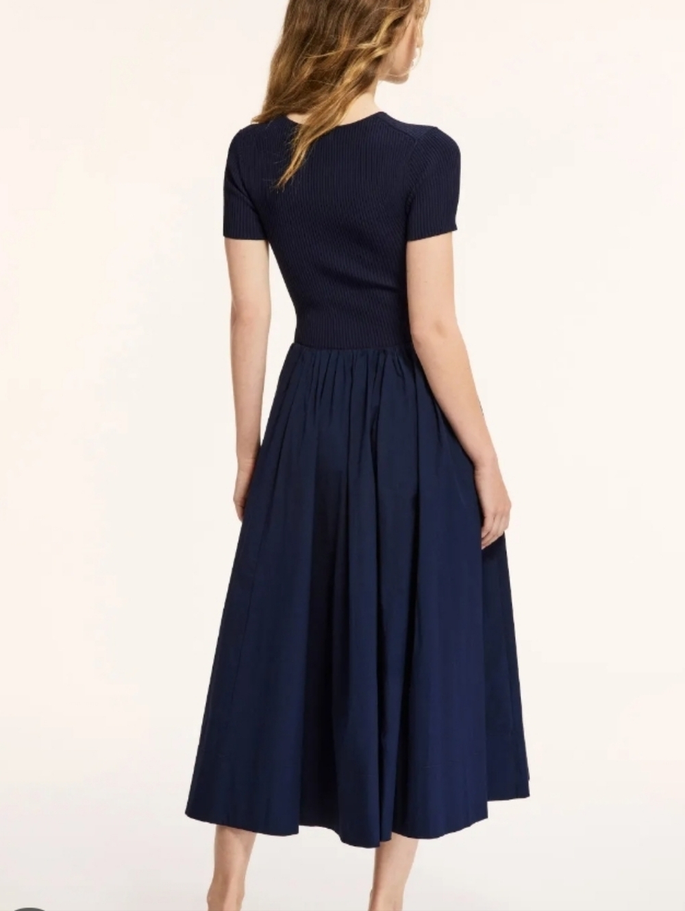 STAUD Ysabel Navy Blue Short-Sleeve Knit Bodice Long Dress With Pockets Sz-L - Picture 9 of 13